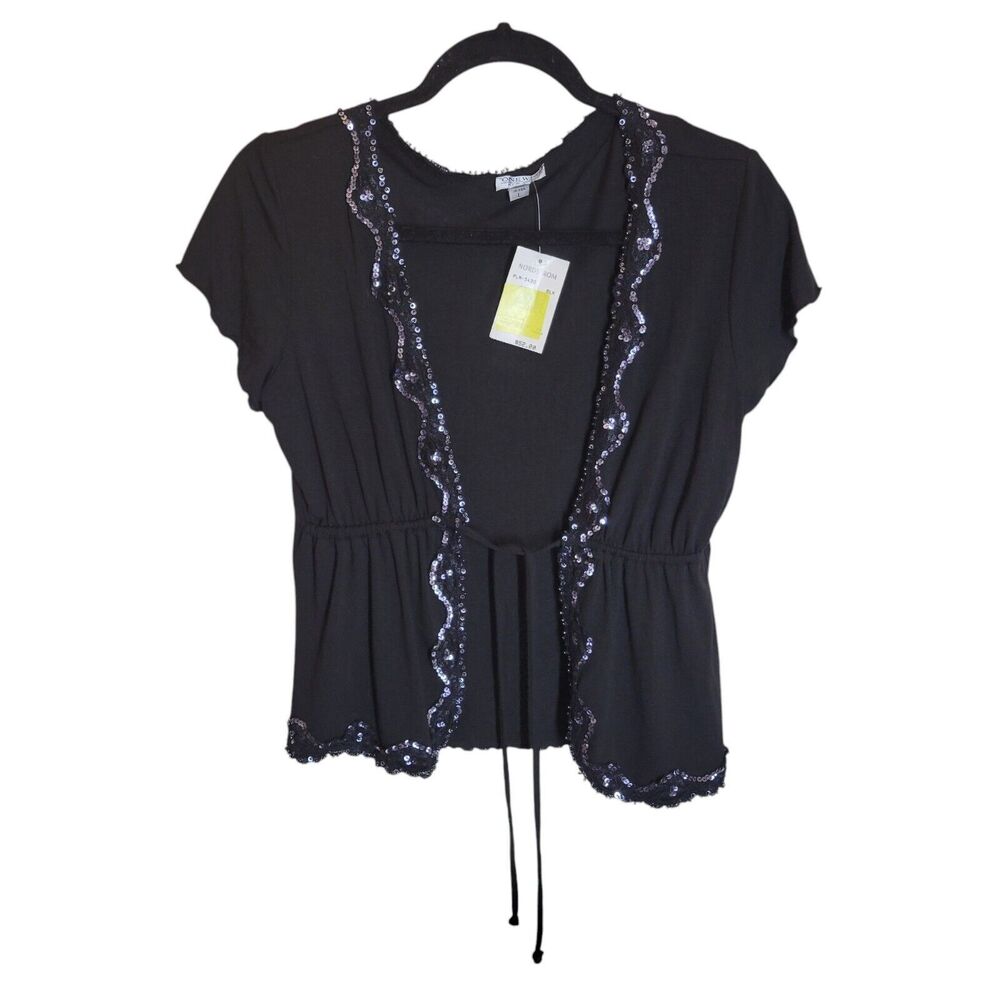 One West NY Womens Sz L Black Solid Cap Sleeve Sequins Trim Cover Up Cardigan